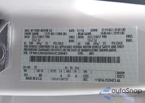 2017 Ford Escape Se z USA, uszkodzony, nr VIN 1FMCU9GD5HUC30681